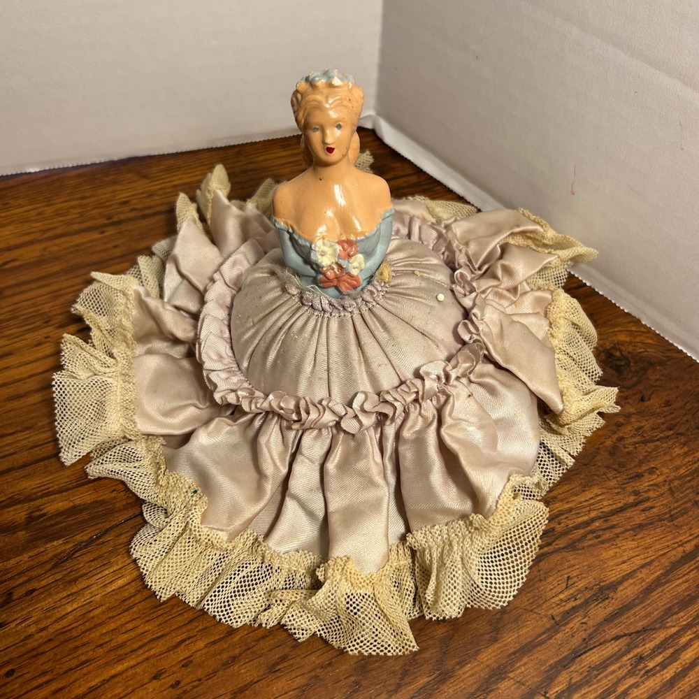 Antique‎ Victorian 1920's Pin Cushion Half~Chalkware Lady w/Satin Lace Dress